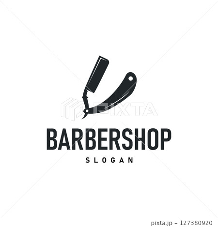 barbershop logo design concept of a barber shop with a vintage retro concept of scissors and razors also a cool and minimalist barbershop tube icon illustration of a symbol template 127380920