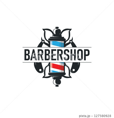 barbershop logo design concept of a barber shop with a vintage retro concept of scissors and razors also a cool and minimalist barbershop tube icon illustration of a symbol template 127380928