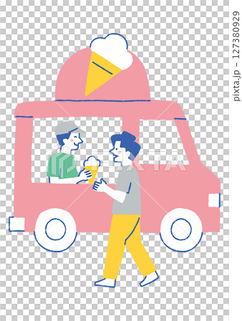 Men lining up at a mobile ice cream stand_color Men lining up at a mobile ice cream stand_color 127380929