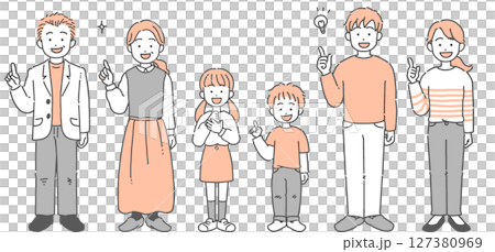 祖父母・両親・子どもの3世代家族がハンドサインをしているイラストセット 127380969