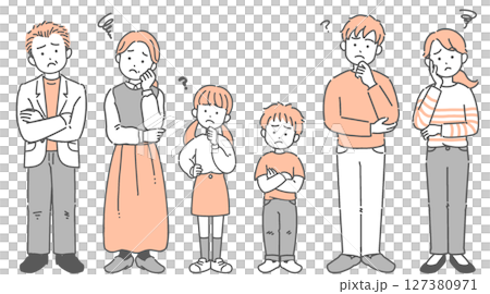 Illustration set of a three-generation family of grandparents, parents, and children with a troubled expression 127380971