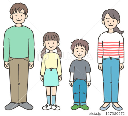 父と母・子どもの2世代家族が立っているイラストセット 父と母・子どもの2世代家族が立っているイラストセット 127380972