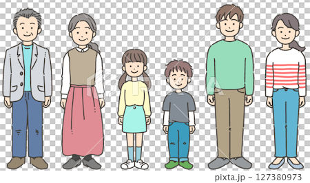 祖父母・両親・子どもの3世代家族が立っているイラストセット 祖父母・両親・子どもの3世代家族が立っているイラストセット 127380973