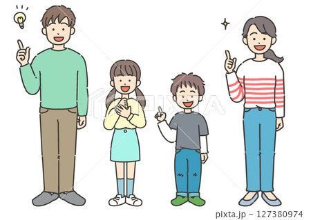 両親・子どもの2世代家族がハンドサインをしているイラストセット 両親・子どもの2世代家族がハンドサインをしているイラストセット 127380974