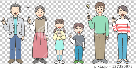 Illustration set of a three-generation family of grandparents, parents and children making hand signs 127380975