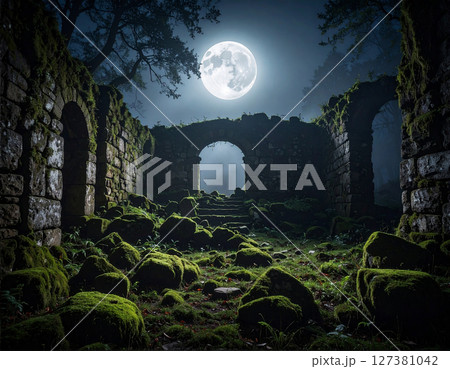 幻想的風景イメージ・石造遺跡の夜 127381042