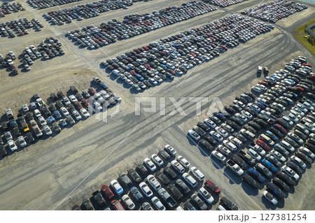 Used damaged cars on auction reseller company big parking lot ready for resale services. Sales of secondhand vehicles for rebuilt or salvage title Used damaged cars on auction reseller company big parking lot ready for resale services. Sales of secondhand vehicles for rebuilt or salvage title 127381254