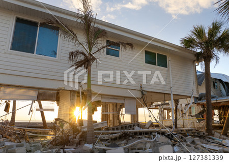 Storm surge severe damage to waterfront houses after hurricane Milton in Englewood, Florida. Destroyed homes on gulf coast Storm surge severe damage to waterfront houses after hurricane Milton in Englewood, Florida. Destroyed homes on gulf coast 127381339
