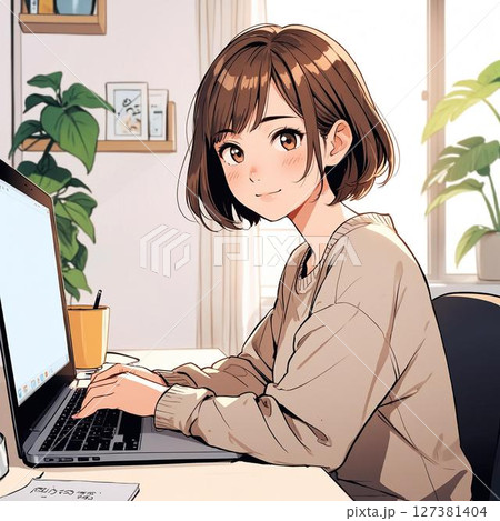 ノートパソコンで資料を確認する女性のイラスト 127381404