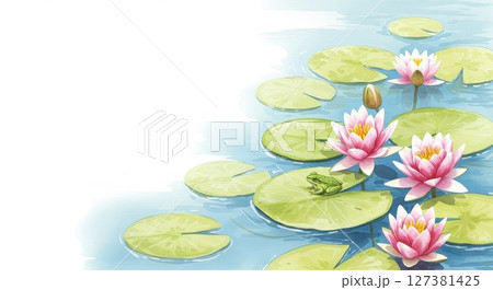 池に浮かぶ睡蓮の水彩画イラスト 127381425