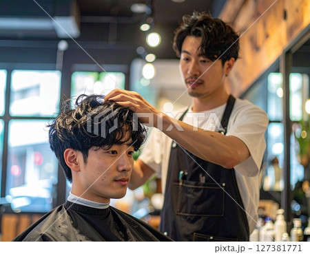 ヘアサロンで男性客と日本人スタイリスト3 AI生成画像 ヘアサロンで男性客と日本人スタイリスト3 AI生成画像 127381771
