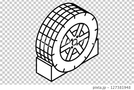 Tire set in wheel chock, simple and cute isometric black and white line drawing icon 127381948