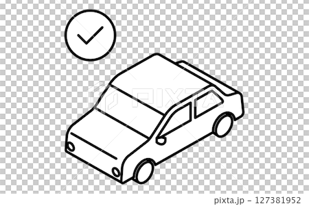 透過車輛檢驗和複選標記的轎車，簡單可愛的等距黑白線描圖標 127381952