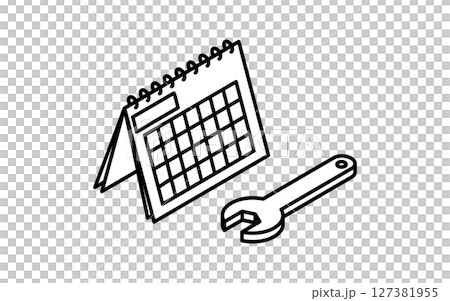 Vehicle inspection schedule image, spanner and calendar, simple and cute isometric black and white line icon 127381955