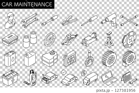 Simple and cute black and white line icons of car maintenance, isometric Simple and cute black and white line icons of car maintenance, isometric 127381956