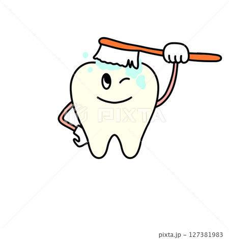 歯ブラシを持った歯のイラスト 127381983
