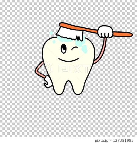 歯ブラシを持った歯のイラスト 127381983