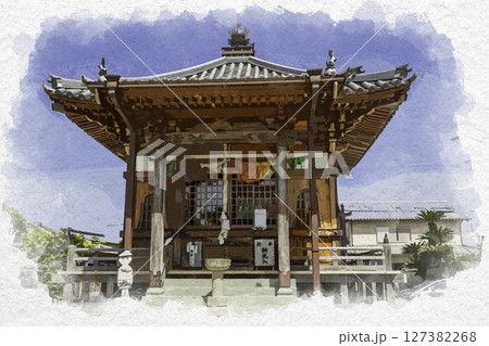 水彩画風　四国八十八箇所15番　国分寺　大師堂　徳島県徳島市 127382268
