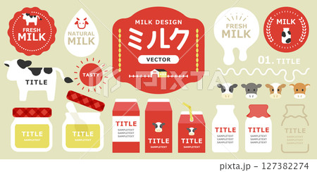 牛と赤いパッケージのミルクフレーム素材セット（乳製品・ヨーグルト・飲料ラベル） 127382274