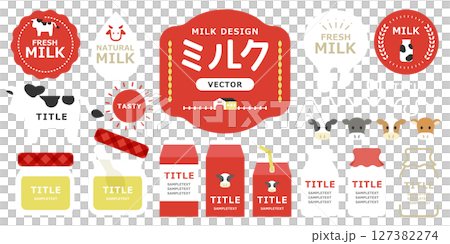 一套帶有乳牛和紅色包裝的牛奶框材料（乳製品、優格、飲料標籤） 127382274