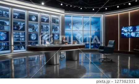 和の静謐を湛えた報道スタジオ背景―人物合成にも最適な空間美 和の静謐を湛えた報道スタジオ背景―人物合成にも最適な空間美 127382331
