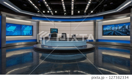 和の静謐を湛えた報道スタジオ背景―人物合成にも最適な空間美 127382334