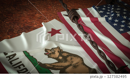 The California and America flag for Crisis concept 3d Rendering. The California and America flag for Crisis concept 3d Rendering. 127382495