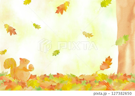 可愛いリスの住む秋の森に、カラフルな落ち葉が舞う風景。水彩画を使用した絵本のような優しい世界観。 127382650