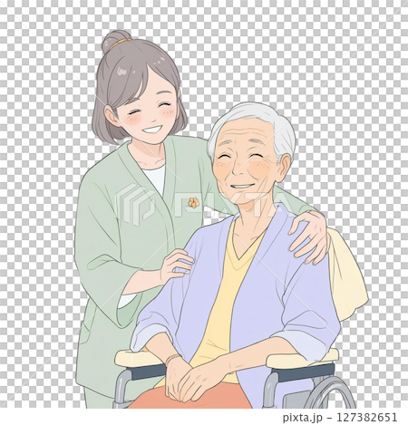 護理人員協助坐輪椅的老人的插圖（白色背景） 127382651