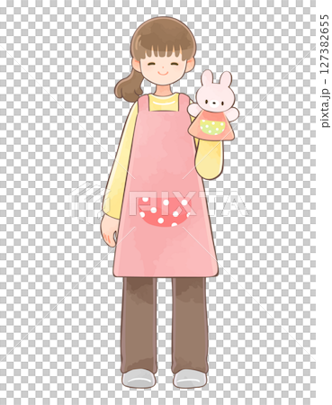 うさぎのパペットを持った保育士の女性　長袖 127382655