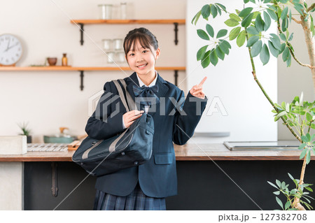 キッチンで指差し,案内,紹介するブレザー姿の小学生,中学生,高校生の女の子 キッチンで指差し,案内,紹介するブレザー姿の小学生,中学生,高校生の女の子 127382708
