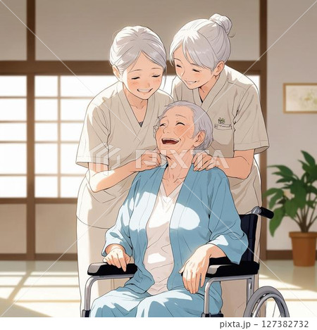 車椅子の高齢者を囲んで笑顔を交わす介護士たちのイラスト 127382732