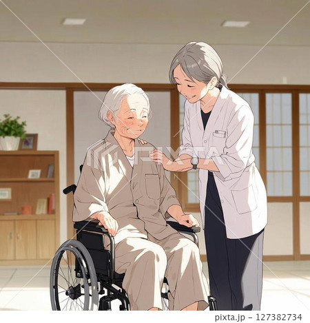 車椅子の高齢女性に寄り添う白衣の介護士のイラスト 127382734