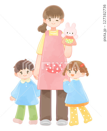 女性の保育士と園児の子ども達 127382736