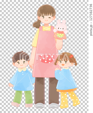 女性の保育士と園児の子ども達 127382736