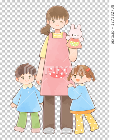 Female nursery teacher and kindergarten children Female nursery teacher and kindergarten children 127382738