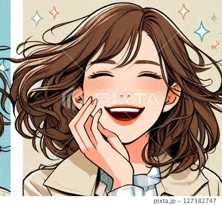 日本人女性！20代、30代、40代ぐらいのOLの満面笑顔！スマイルキラキラのAIイラスト 127382747