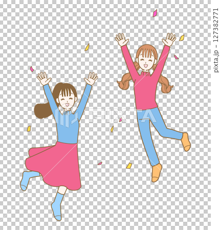 Illustration of a cheerful woman jumping with joy 127382771
