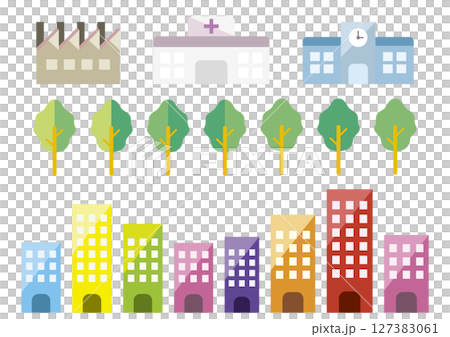 Business district, factory, hospital, school, tree, icon set 127383061