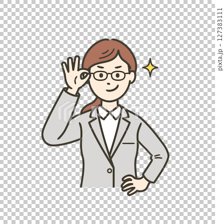 A young woman in a suit pushes up her glasses and smiles confidently 127383111