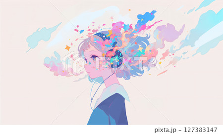 ヘッドフォンで音楽を聴く少女 127383147