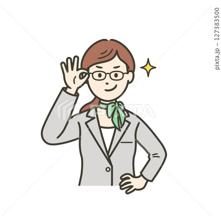 眼鏡を上げてニヤリと笑い自信を見せるスーツを着た受付係の若い女性 眼鏡を上げてニヤリと笑い自信を見せるスーツを着た受付係の若い女性 127383500