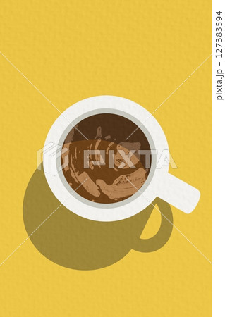 Fresh Coffee Cup Shadow Minimal Illustration yellow Background Hot Espresso Caffeine Drink Beverage	 127383594