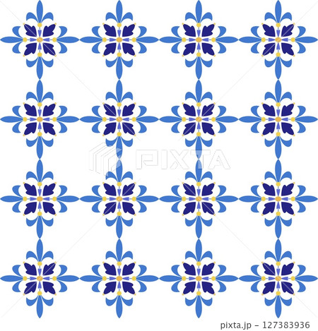 Mediterranean tile, blue seamless pattern. Spanish, Portuguese, or Moroccan traditional ornament. Mosaic floral design with leaves, ethnic motifs for ceramic. Vector illustration Mediterranean tile, blue seamless pattern. Spanish, Portuguese, or Moroccan traditional ornament. Mosaic floral design with leaves, ethnic motifs for ceramic. Vector illustration 127383936