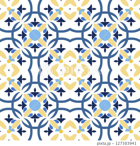 Mediterranean tile, blue seamless pattern. Spanish, Portuguese, or Moroccan traditional ornament. Mosaic floral design with leaves, ethnic motifs for ceramic. Vector illustration 127383941