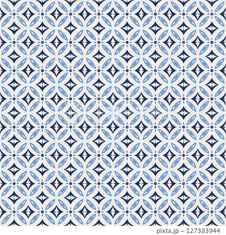 Mediterranean tile, blue seamless pattern. Spanish, Portuguese, or Moroccan traditional ornament. Mosaic floral design with leaves, ethnic motifs for ceramic. Vector illustration 127383944