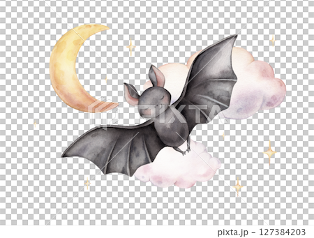 Hand drawn watercolor illustration cute black bat on sky with moon, stars, clouds, perfect for Halloween and children's decorations. It also ideal for baby shower invitations and nursery art. 127384203