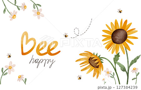 Cheerful Be Happy rectangular postcard featuring watercolor illustrations flowers daisies and sunflowers, buzzing bees. For spreading positivity and sunshine. Bright, charming card with chamomiles. Cheerful Be Happy rectangular postcard featuring watercolor illustrations flowers daisies and sunflowers, buzzing bees. For spreading positivity and sunshine. Bright, charming card with chamomiles. 127384239