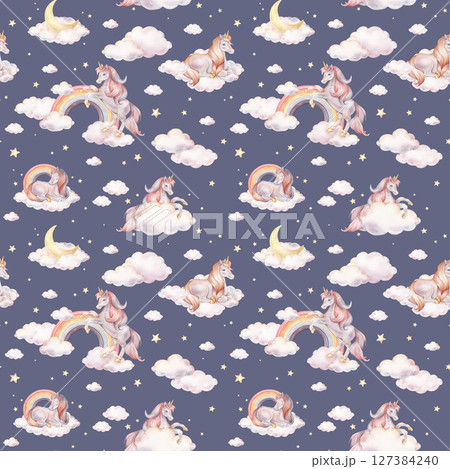 Seamless watercolor pattern with Unicorn and yellow stars, and clouds, rainbow. Hand drawn Illustrations of background for nursery wallpaper, baby textiles, or children paper. Pastel colors pony Seamless watercolor pattern with Unicorn and yellow stars, and clouds, rainbow. Hand drawn Illustrations of background for nursery wallpaper, baby textiles, or children paper. Pastel colors pony 127384240