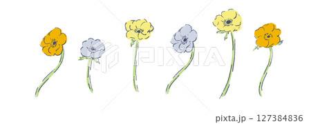 手描きのアネモネイラスト。草木と花の線画ベクターイラスト。今風のおしゃれな線画草木素材。 127384836